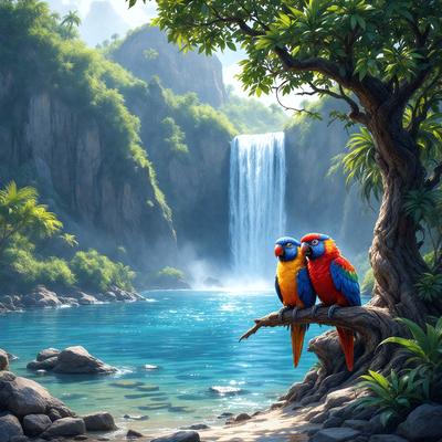 The primary subject of the image is a pair of colorful birds, specifically two parrots, sitting on a tree branch. The setting is a lush, tropical environment with a waterfall in the background. The visual style is a digital art or illustration, creating a vibrant and lively atmosphere. The colors and mood of the image are predominantly warm and inviting, with the parrots being the main focus of the scene.